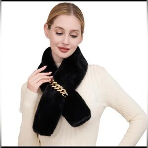 Elegant Black Faux Fur Scarf with Gold Chain Accent